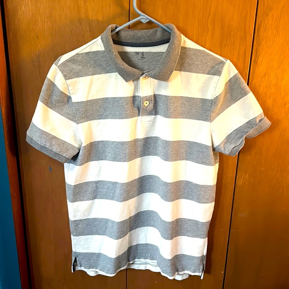 Used - Gap Men’s Polo - Gray & White Striped - Medium